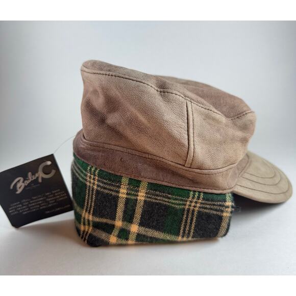 Bailey of Hollywood Brown Leather Hat Green Plaid Neck Neck Flap Size Medium - Picture 1 of 8